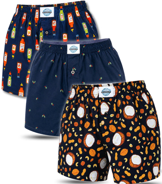 Weunderlust's 3 pack boxer shorts bundle with Hot sauces , Coconut, nuts, and hollies fruit print