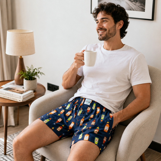 Man sitting in a chair holding a mug, wearing Weunderlust Chilli-out boxer shorts in a cozy living room.