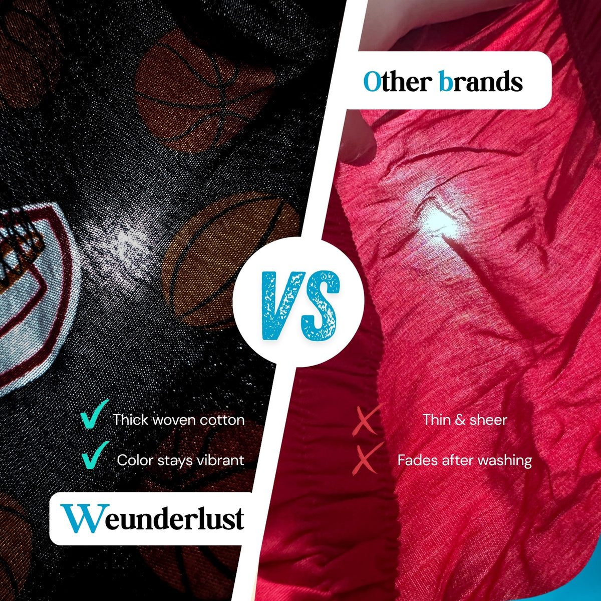 A comparison graphic for Weunderlust fabric, split down the middle with a white diagonal line. The left side shows a close-up of a black woven cotton fabric with basketball patches, labeled with green checkmarks for 'Thick woven cotton' and 'Color stays vibrant'.