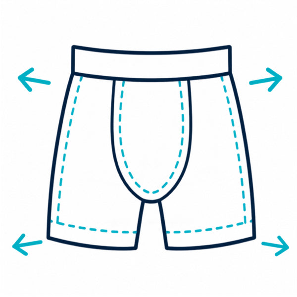A simple line drawing of boxer short with cyan arrows pointing outward at the back of boxer short , indicating anti pitching tailor technique