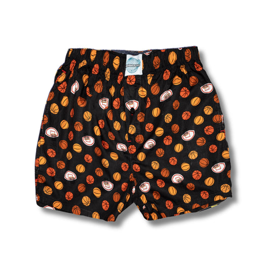 Black boxer briefs with basketball pattern on a white background