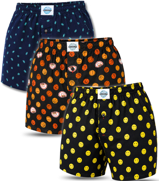 Weunderlust's 3 pack boxer shorts bundle  with  Peace-out icon , Basketball, and  Smiles icon print