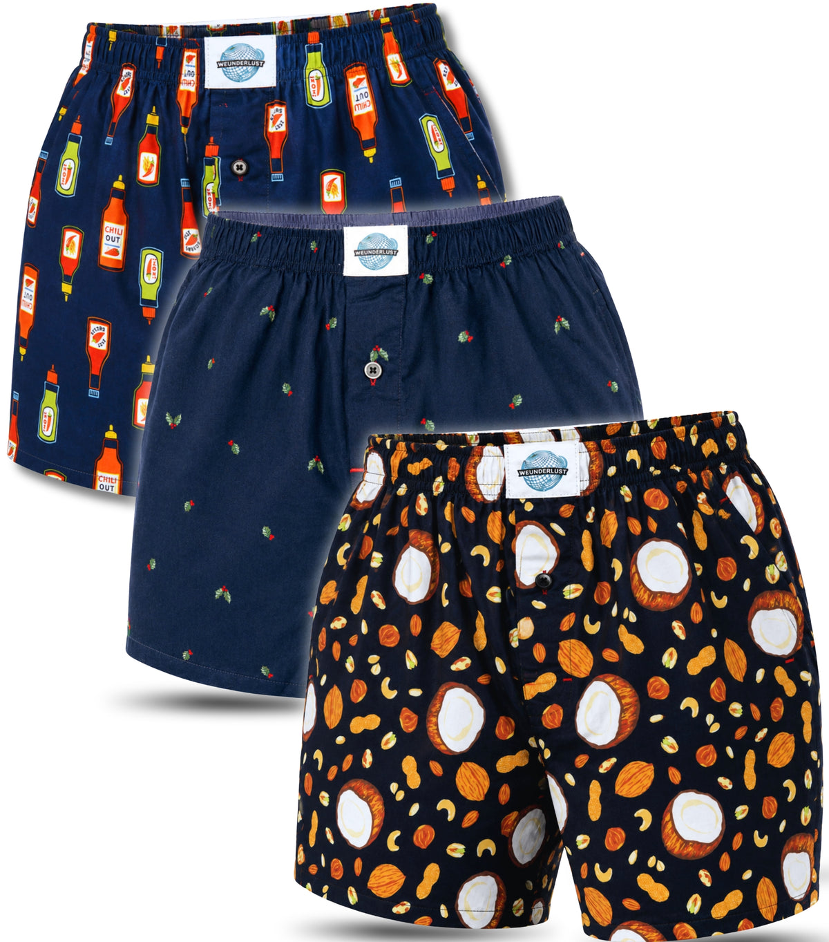 Weunderlust's 3 pack boxer shorts bundle  with Hot sauces , Coconut, nuts, and  hollies fruit print