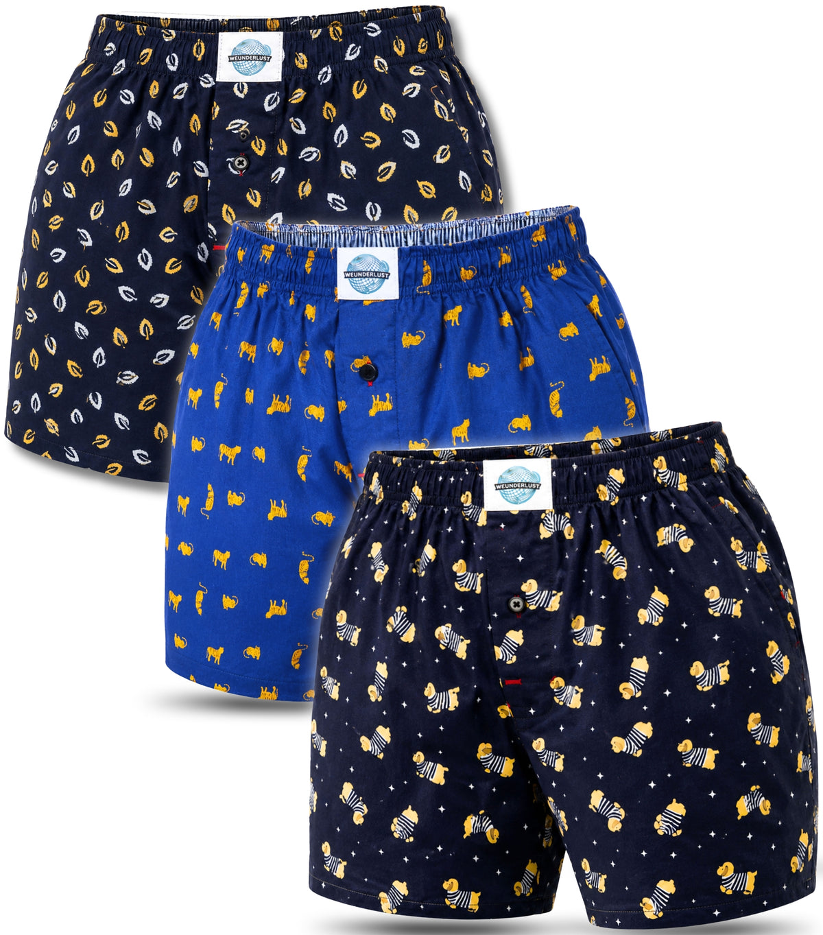 Weunderlust's 3 pack boxer shorts bundle  with Cats ,dogs, and  leaves print 