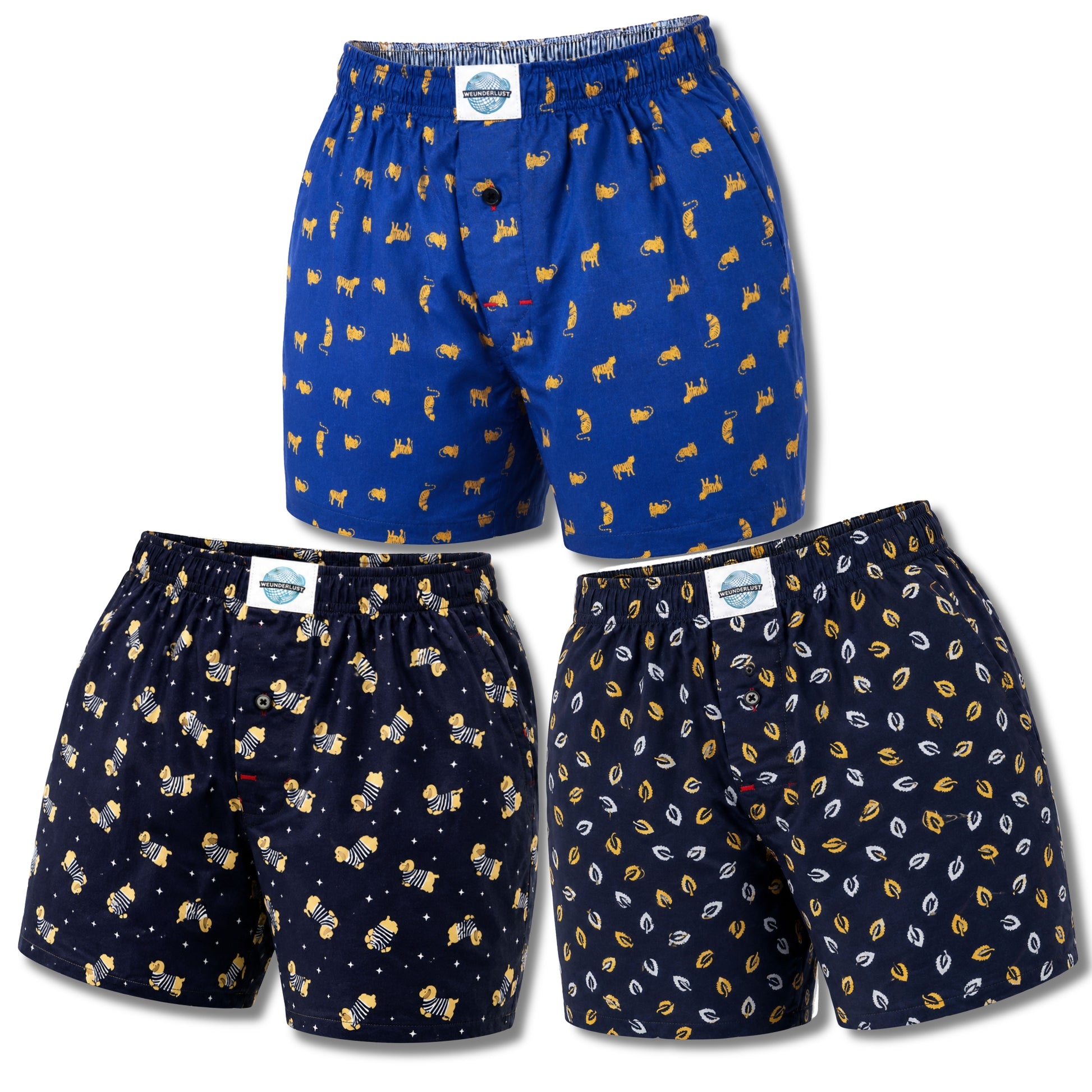 Weunderlust's 3 pack boxer shorts bundle  with Cats ,dogs, and  leaves print 