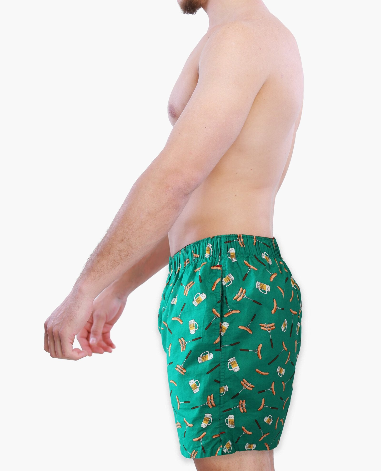 Male Model in Weunderlust Woven Cotton Boxers with pocket, Cheers, Green Boxer in different angles