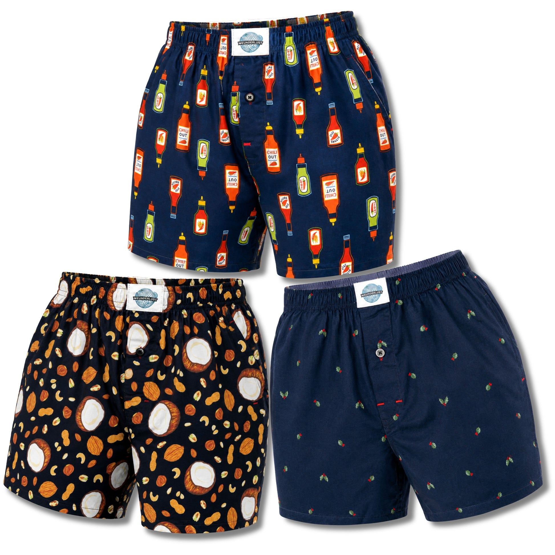 Weunderlust's 3 pack boxer shorts bundle  with Hot sauces , Coconut, nuts, and  hollies fruit print