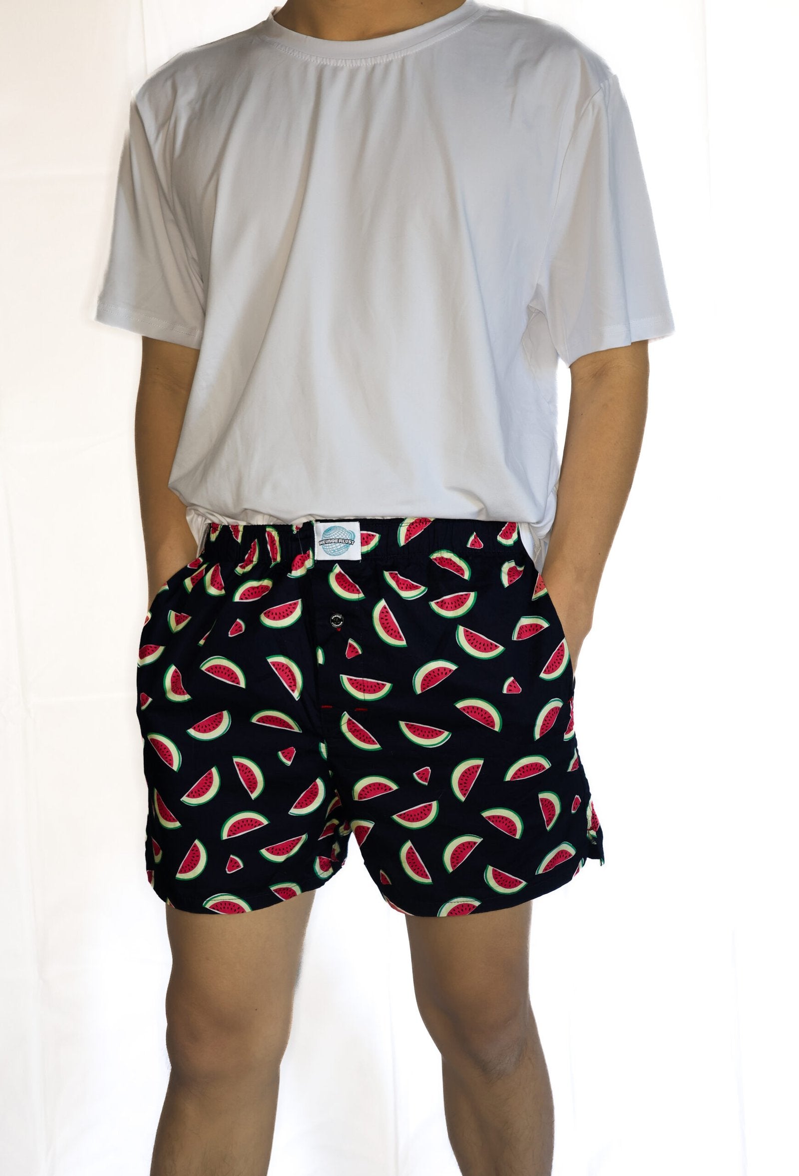 Model in Woven Cotton Boxer with pockets, red watermelon style