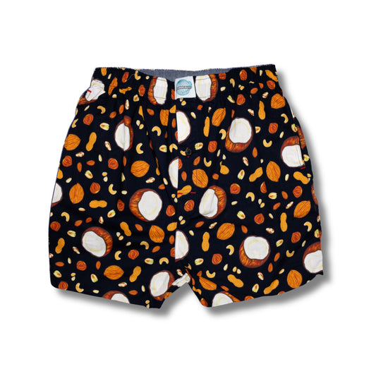 Weunderlust boxer Shorts with a pattern of coconut and nuts on a white background