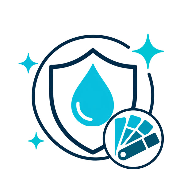 A digital icon featuring a dark navy blue shield with a bright cyan water droplet in the center, accented by three sparkling stars and a circular fan of color swatches showing that the color stays vibrant after washes