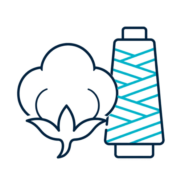 A simple line-art icon showing a woven cotton boll next to a spool of thread, likely indicating a woven cotton product