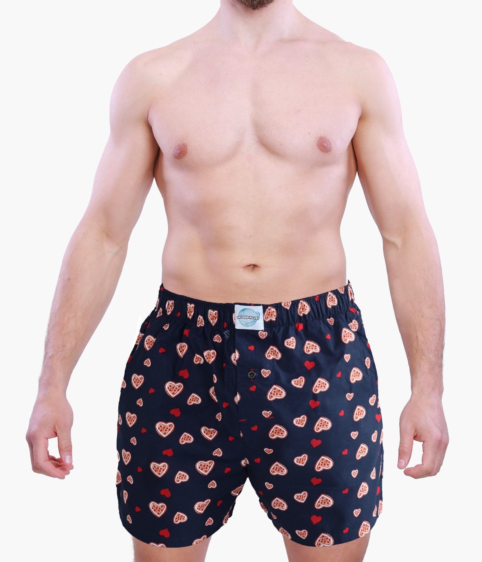 Front side of Male Model in Weunderlust Woven Cotton Boxers with pockets , Sweethearts, Navy, Hearts printing