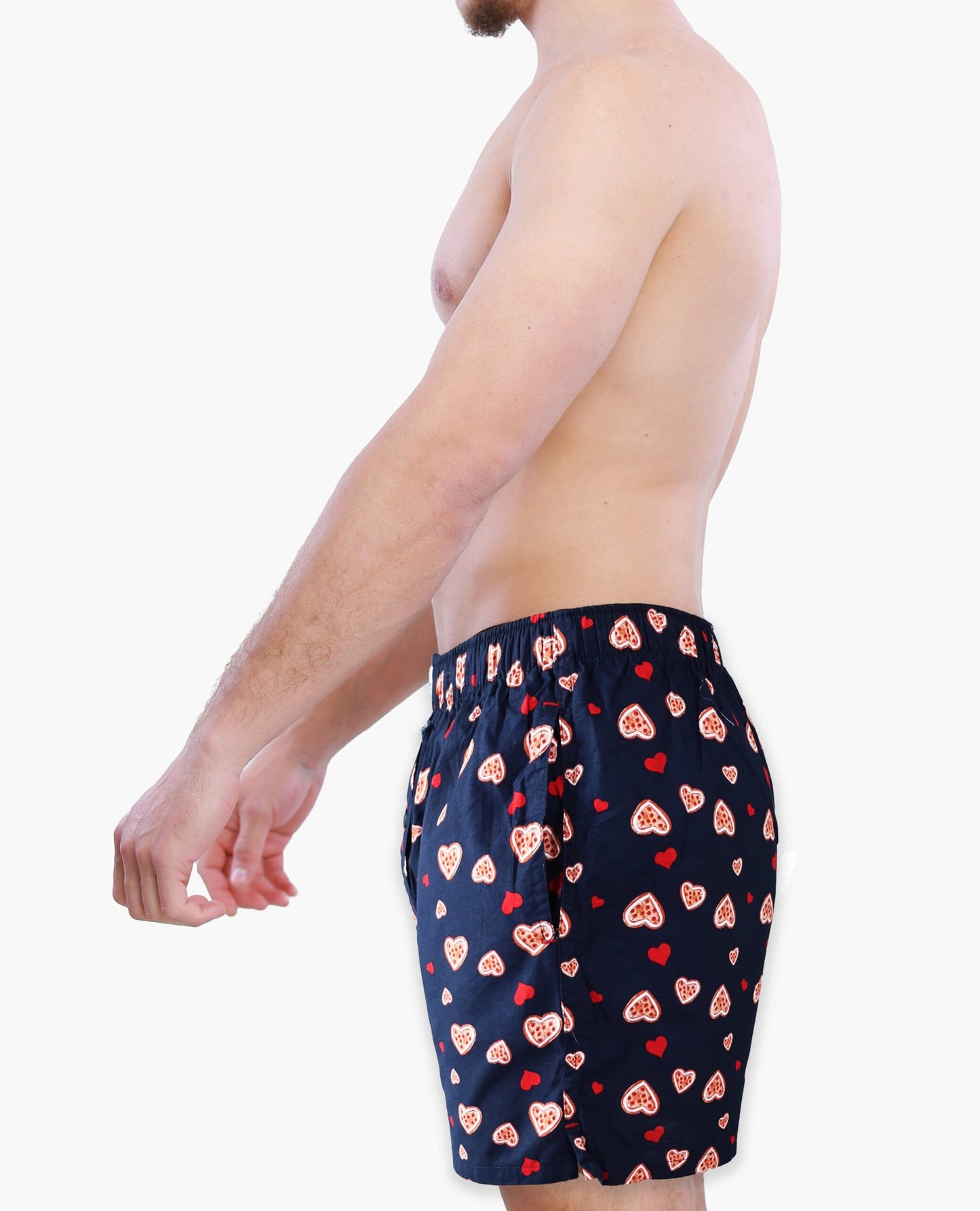 Right side of Male Model in Weunderlust Woven Cotton Boxers with pockets , Sweethearts, Navy, Hearts printing