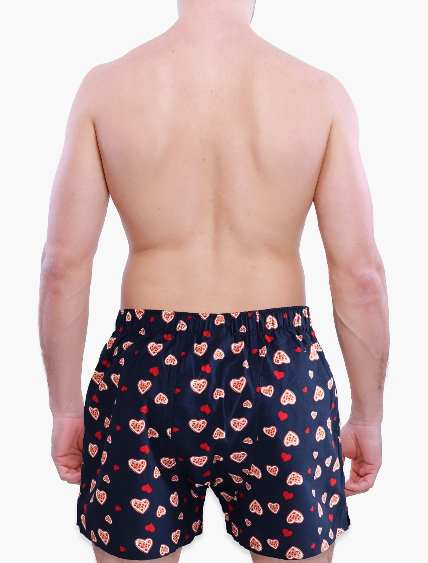 Back side of Male Model in Weunderlust Woven Cotton Boxers with pockets , Sweethearts, Navy, Hearts printing