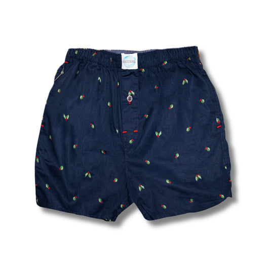 Weunderlust Navy blue boxer shorts with hollies pattern on a white background