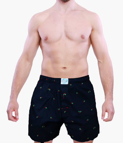 Man wearing black boxer shorts with a small pattern on a white background