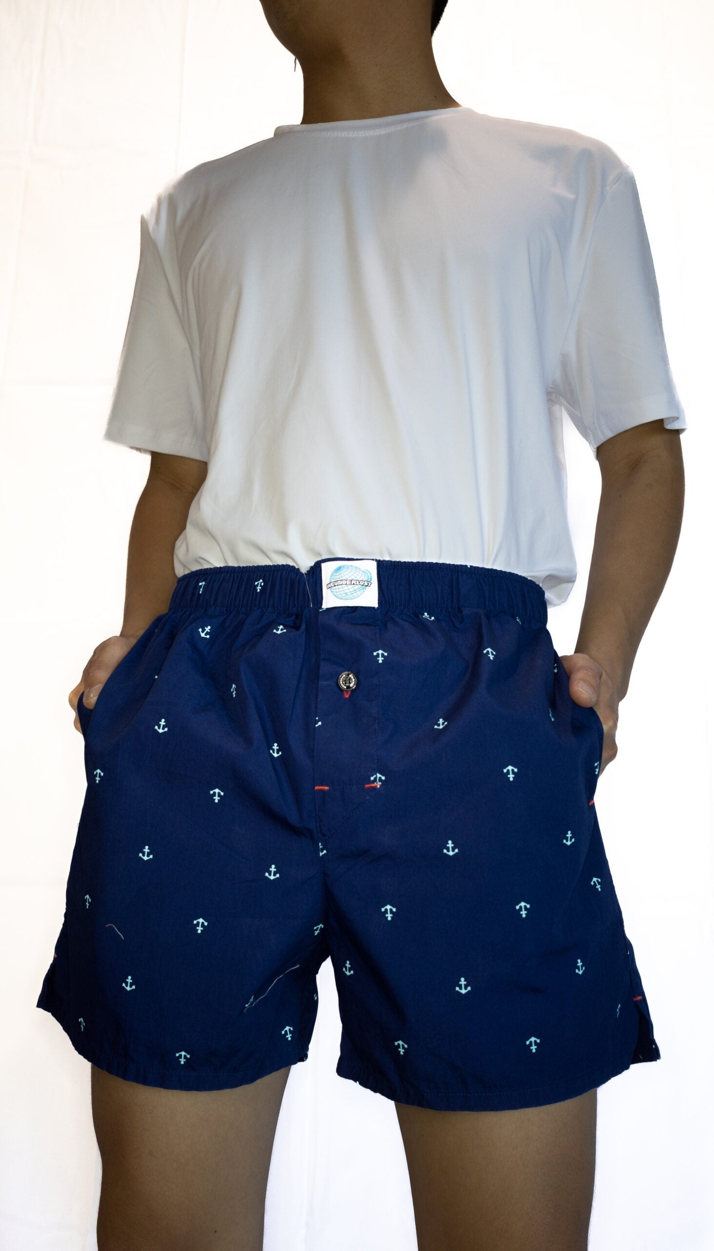 Model in Woven Cotton Boxers with pockets, Anchor printing