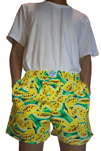 Model in Woven Cotton Boxers with pockets, Yellow Watermelon printing