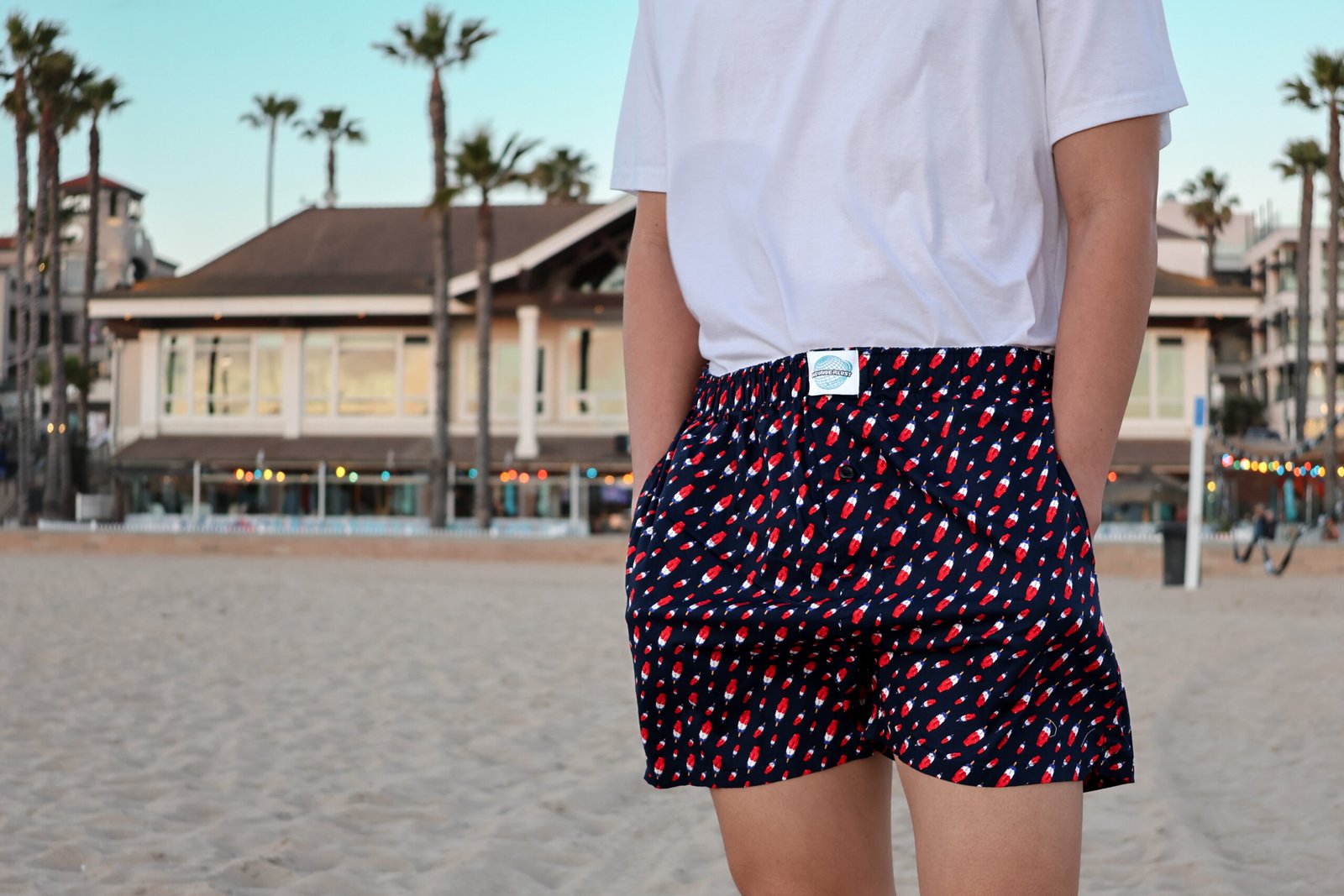 Front side of Male Model in Weunderlust Woven Cotton Boxers with pocket, Ice pops Boxers, Red, Navy