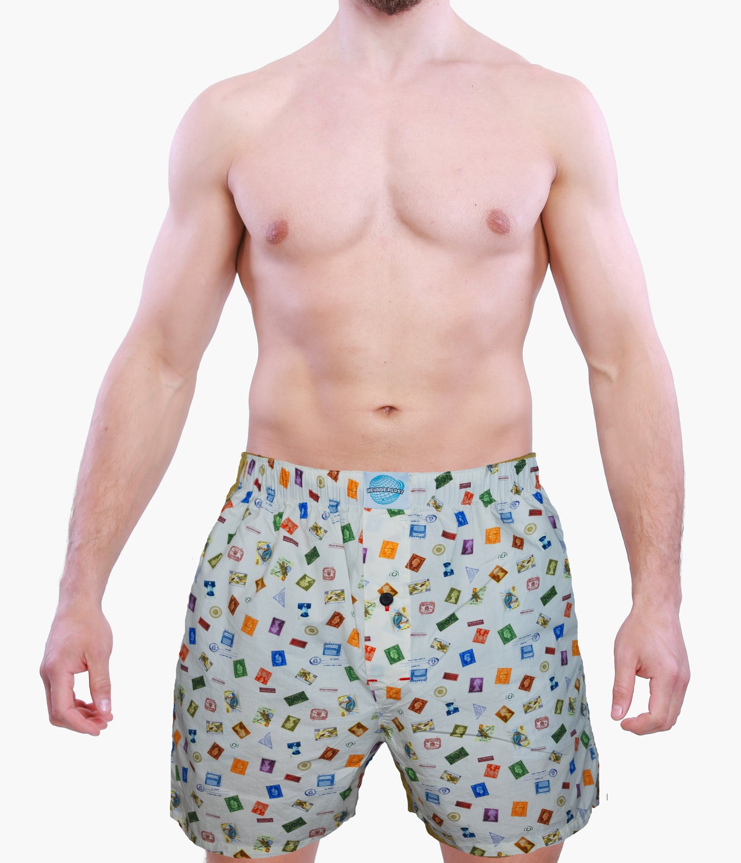 Front model wearing Weunderlust Stamps boxers