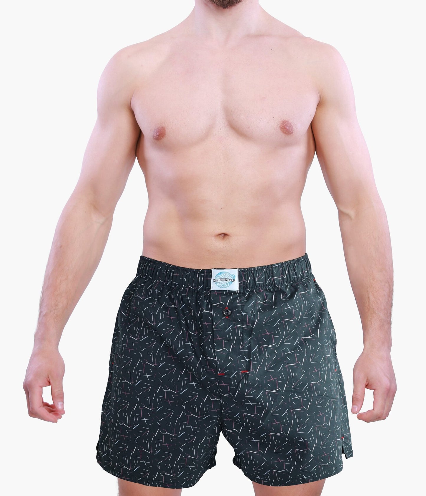 Front side of Male Model in Weunderlust Woven Cotton Boxers with pocket, Laser beam, Black