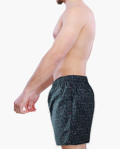 Right side of Male Model in Weunderlust Woven Cotton Boxers with pocket, Laser beam, Black