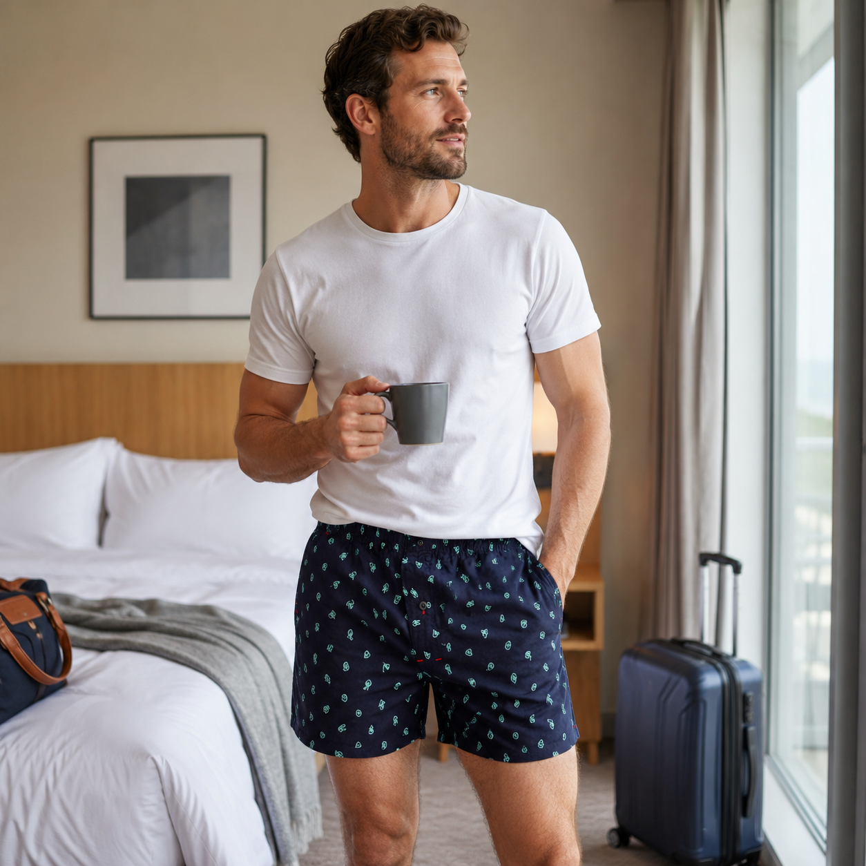 Man in Weunderlust Peace-out boxer shorts holding a mug in a bedroom with a suitcase and bed in the background.