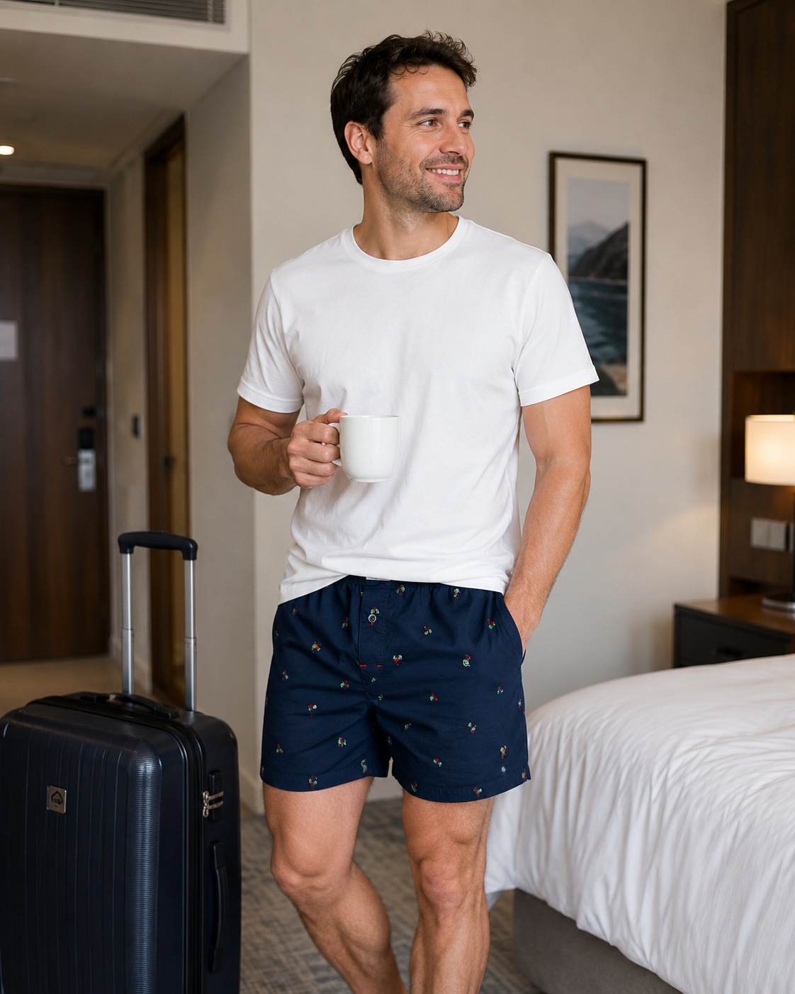 Man in a hotel room holding a mug and suitcase, wearing a white t-shirt and Weunderlust boxer shorts with a pattern.