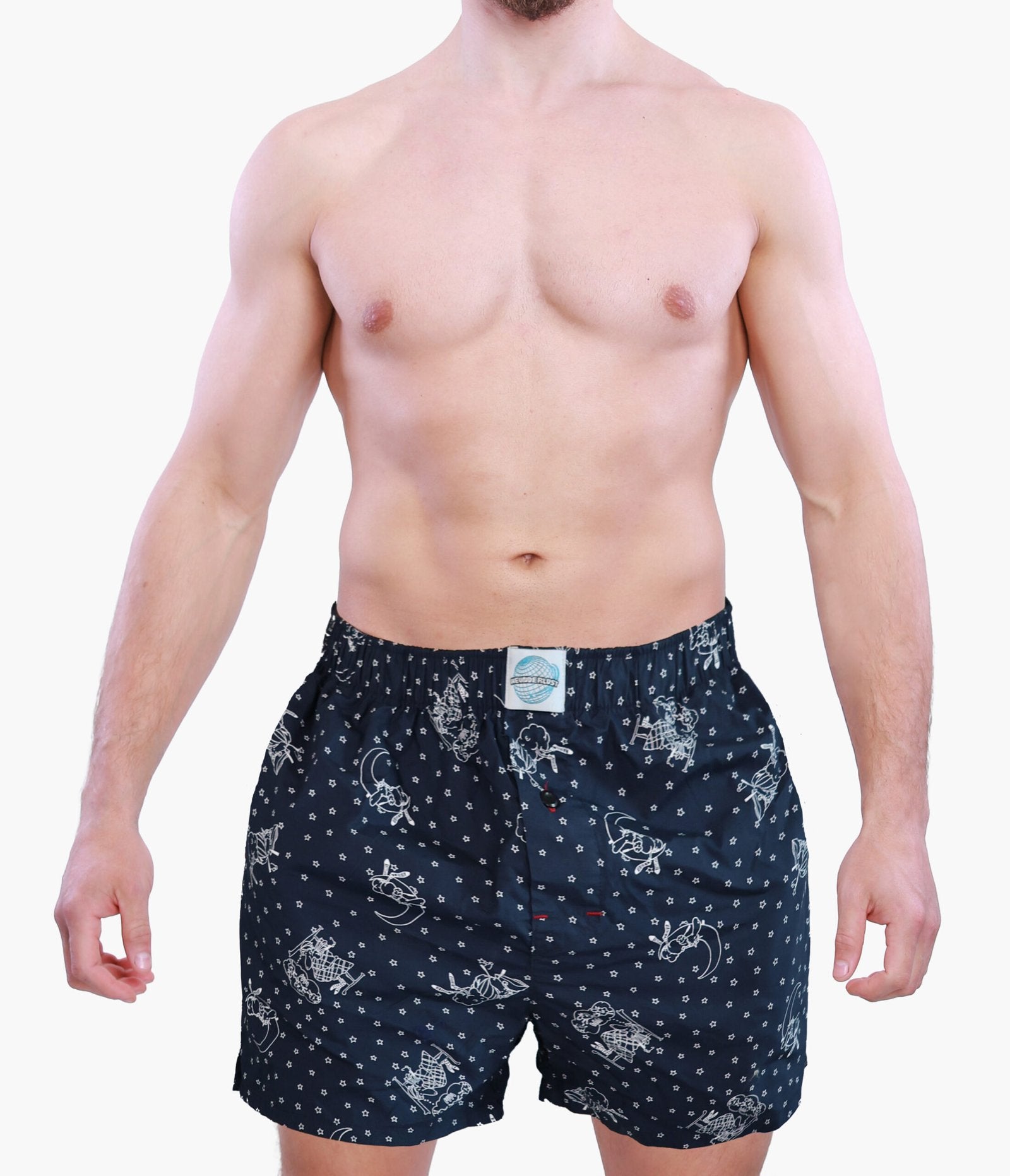 Front side of Male Model in Weunderlust Woven Cotton Boxers with pockets , into the night, Navy, stars printing