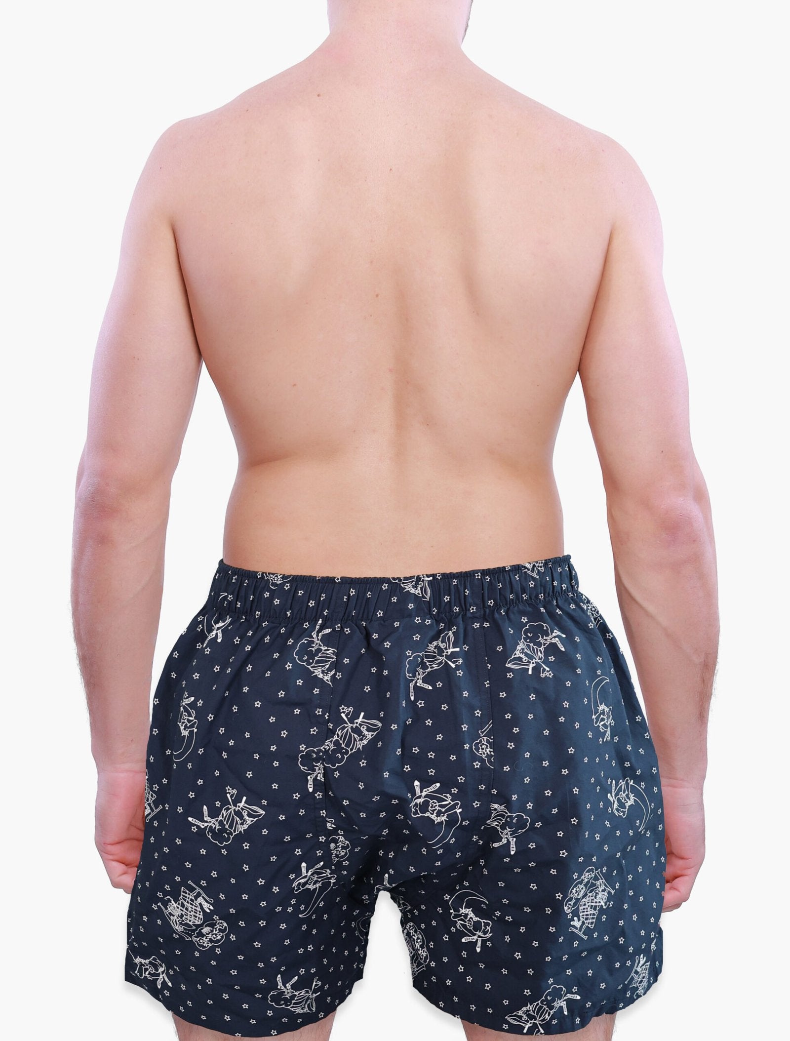 Back side of Male Model in Weunderlust Woven Cotton Boxers with pockets , into the night, Navy, stars printing