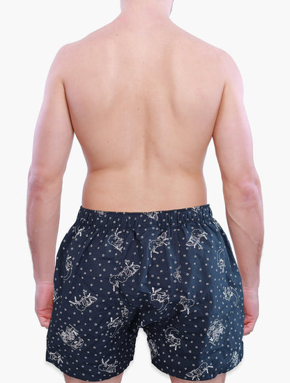 Back side of Male Model in Weunderlust Woven Cotton Boxers with pockets , into the night, Navy, stars printing