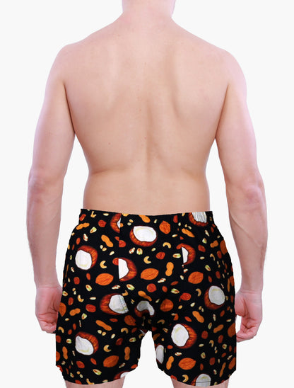 Back side of a person wearing Weunderlust boxer Shorts with a pattern of coconut and nuts on a white background