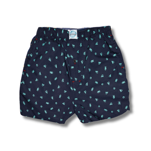 Weunderlust Navy boxer shorts with Icons pattern on a white background