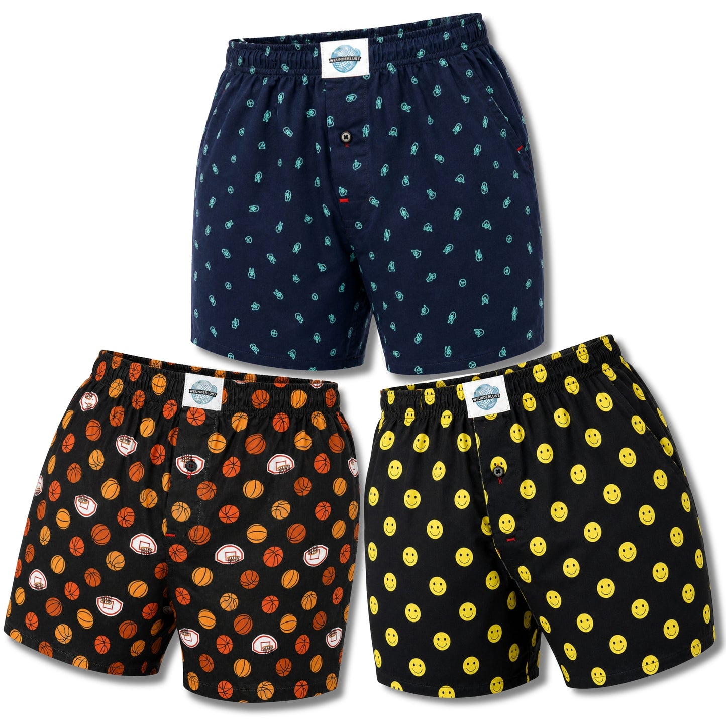 Weunderlust's 3 pack boxer shorts bundle  with  Peace-out icon , Basketball, and  Smiles icon print