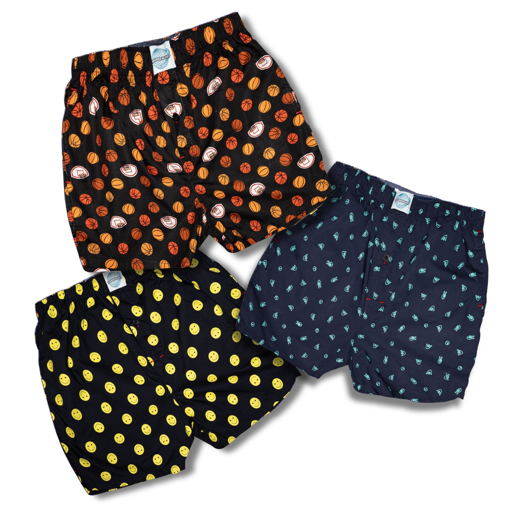 Peace-out, Smiles, Basketball- Weunderlust's Bundle 3 pack of boxer shorts