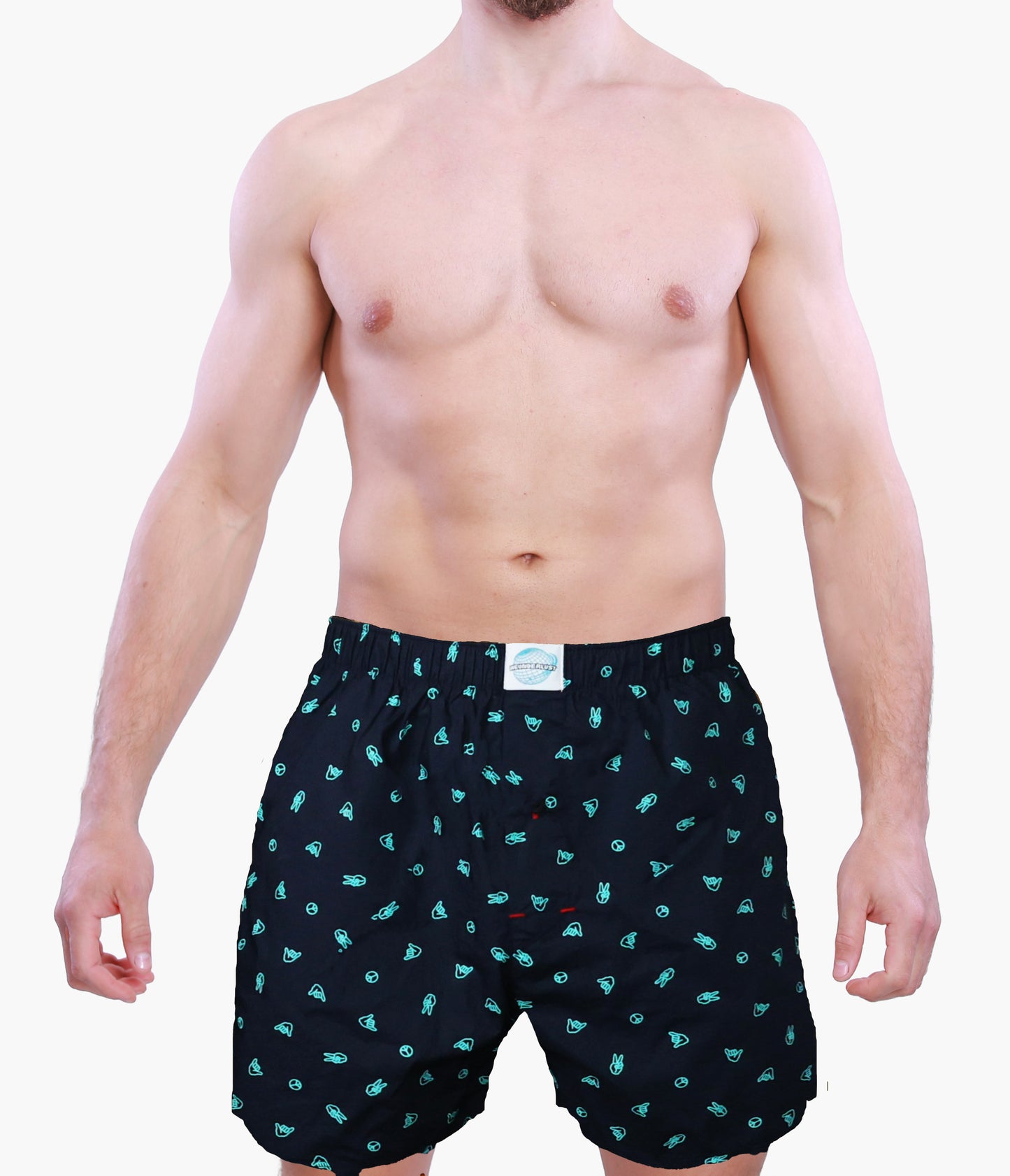 Front side of a Man wearing Weunderlust Navy boxer shorts with Icons pattern on a white background
