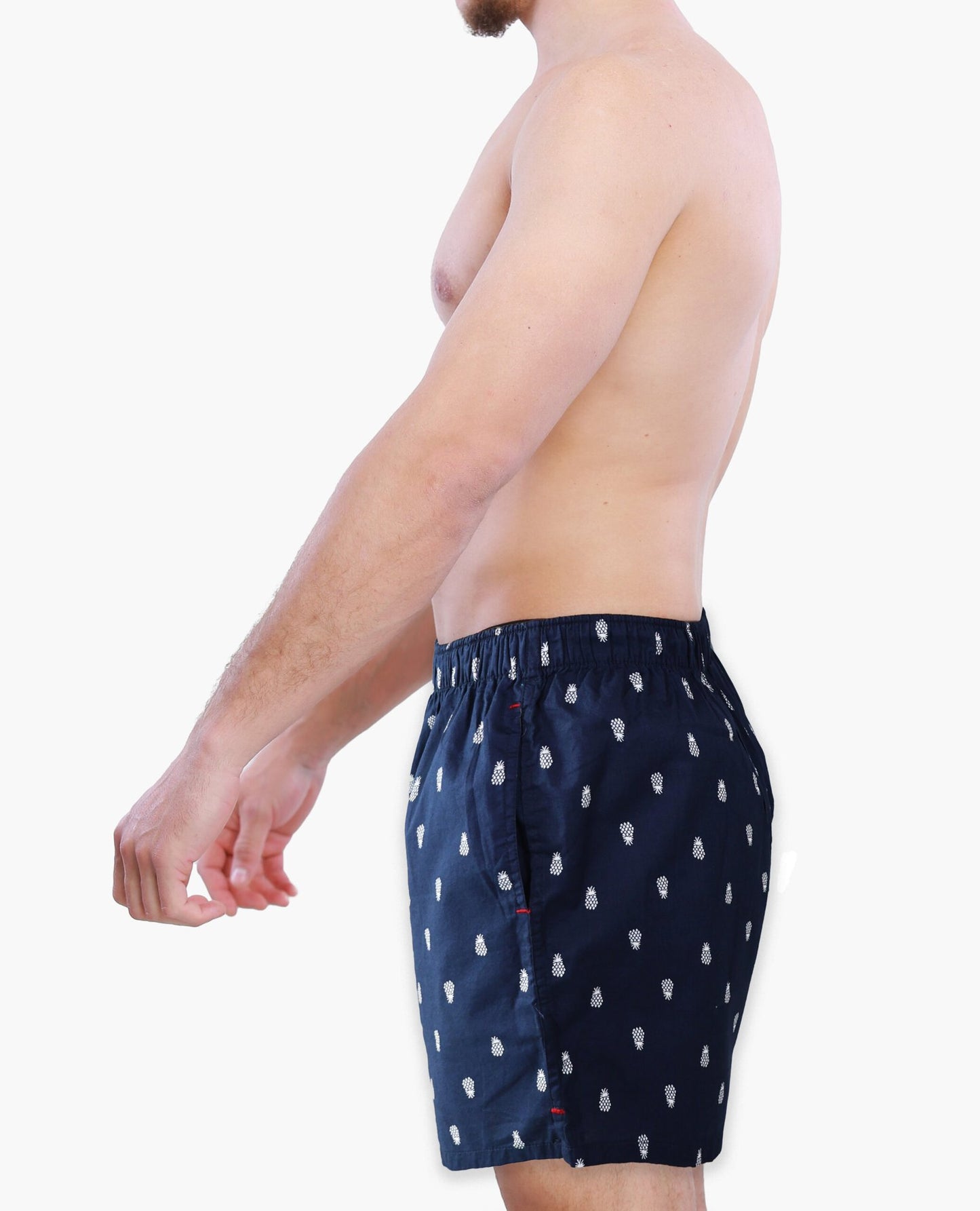 Male Model in Weunderlust Woven Cotton Boxers with pocket, Pinapple printing, Navy, in different angles