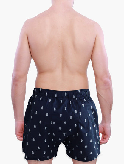 Male Model in Weunderlust Woven Cotton Boxers with pocket, Pinapple printing, Navy, back side