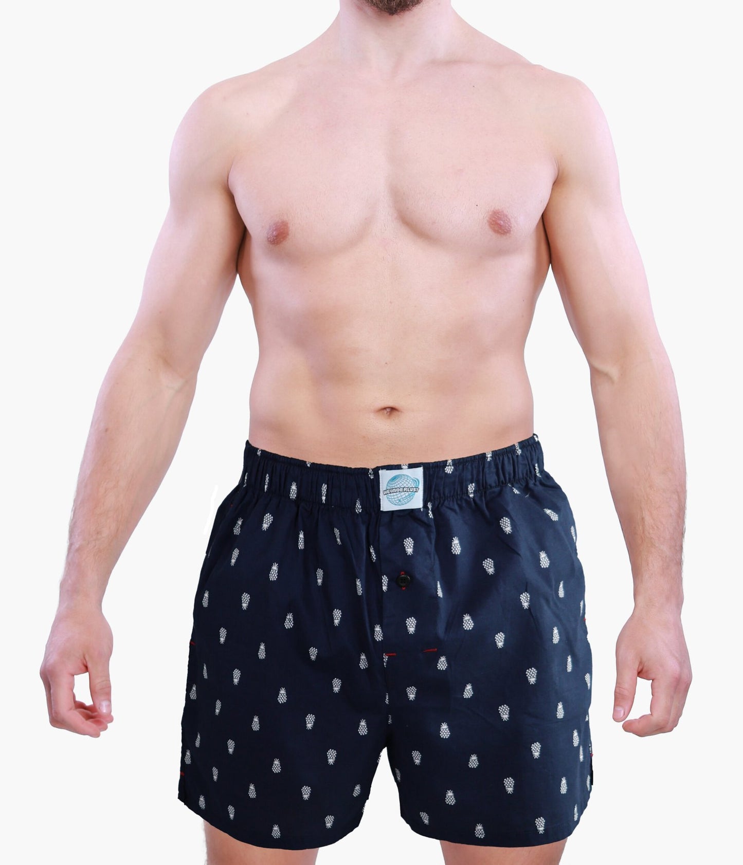 Male Model in Weunderlust Woven Cotton Boxers with pocket, Pinapple printing, Navy, in different angles