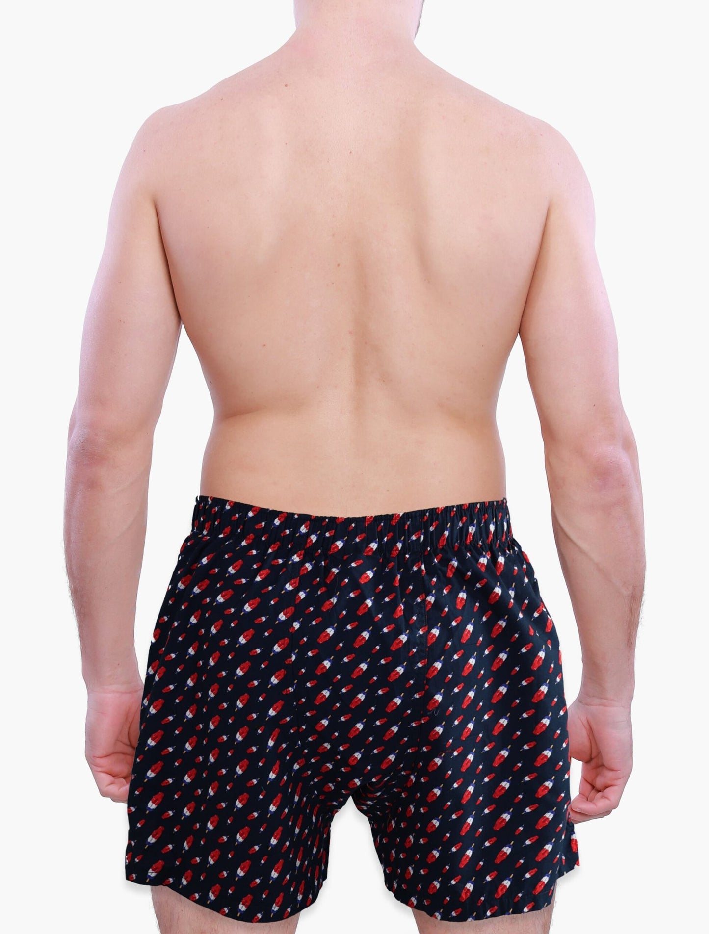 Back side of Male Model in Weunderlust Woven Cotton Boxers with pocket, Ice pops Boxers, Red, Navy