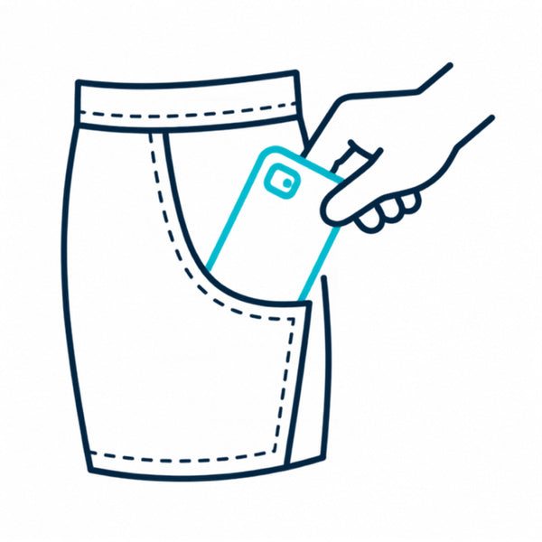 A simple line drawing shows a hand inserting a smartphone into the side pocket of boxer shorts.