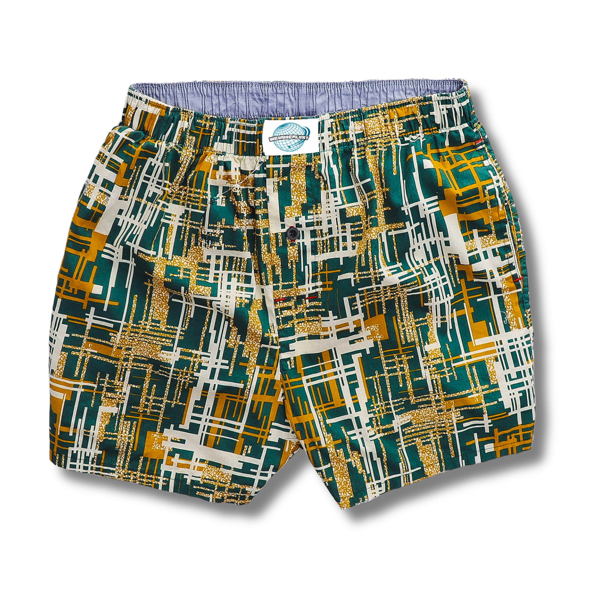 A pair of men's woven cotton boxer shorts with a geometric pattern featuring green, yellow, and blue colors, and a brand tag visible on the waistband.