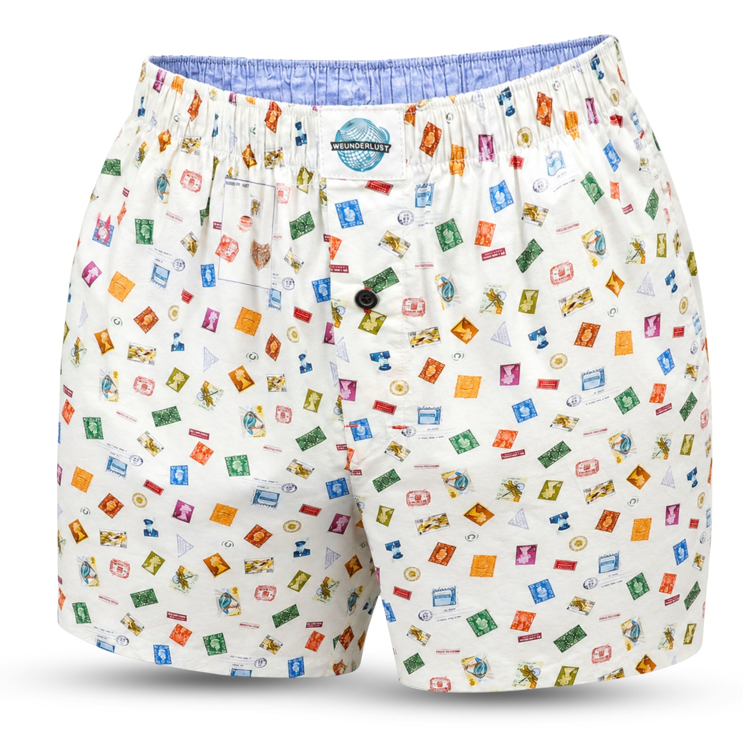 White boxer short with a colorful retro postage stamp pattern, featuring a blue elastic waistband and a button closure.