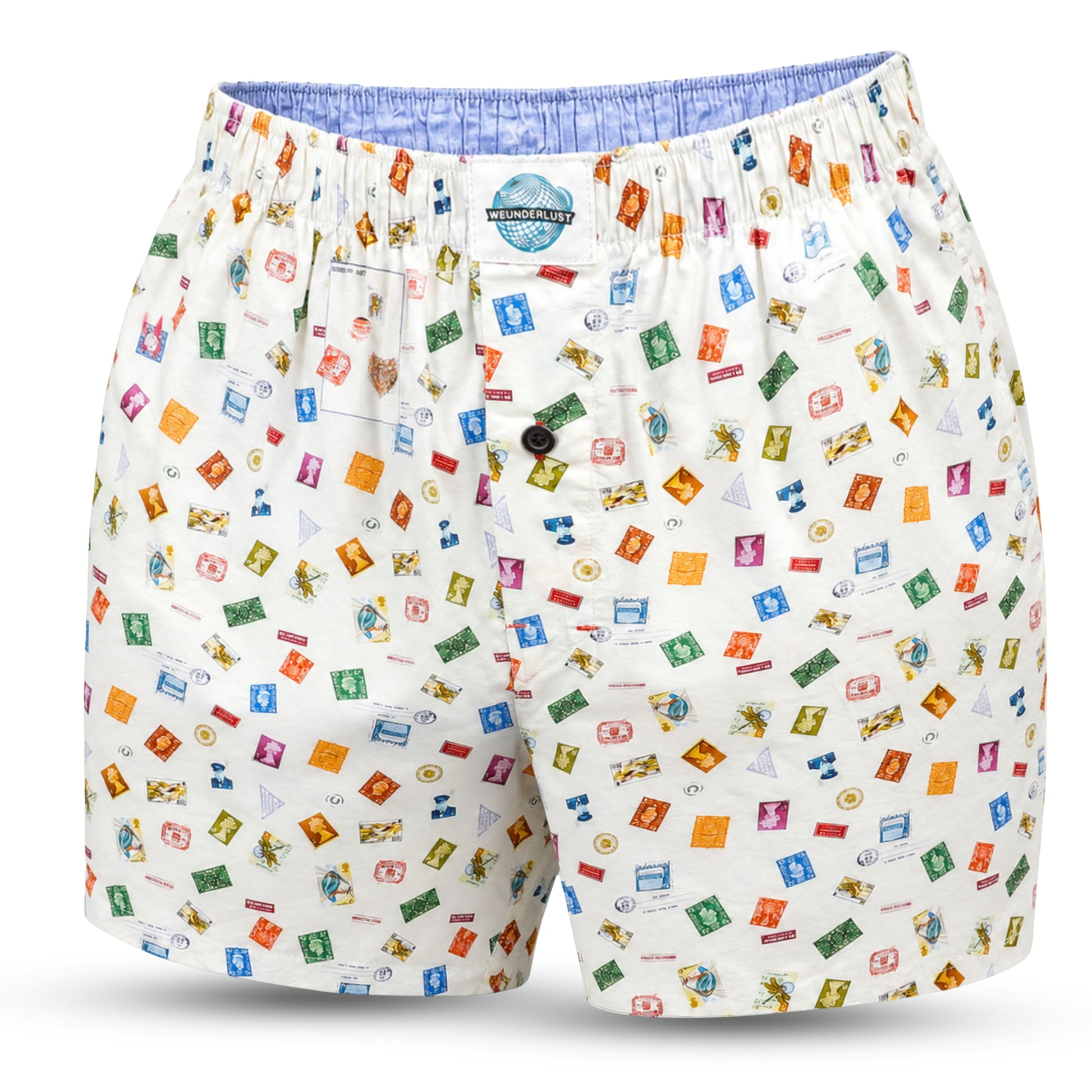 White boxer short with a colorful retro postage stamp pattern, featuring a blue elastic waistband and a button closure.