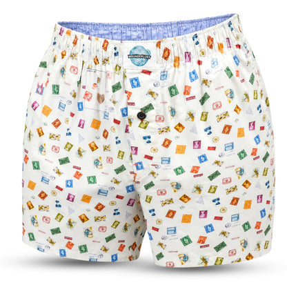 White boxer short with a colorful retro postage stamp pattern, featuring a blue elastic waistband and a button closure.