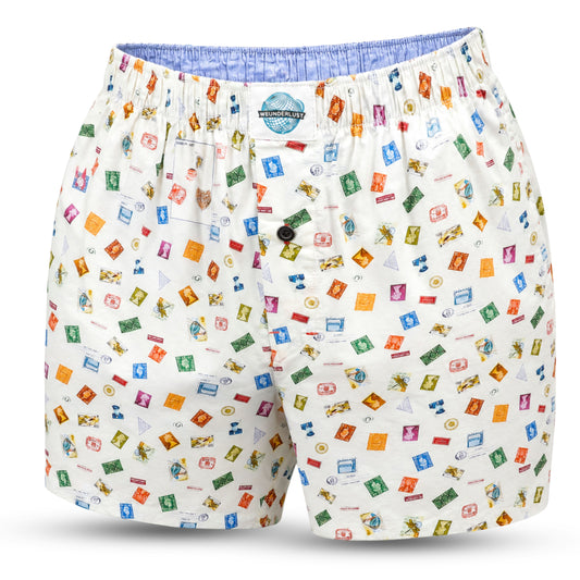 White boxer short with a colorful retro postage stamp pattern, featuring a blue elastic waistband and a button closure.