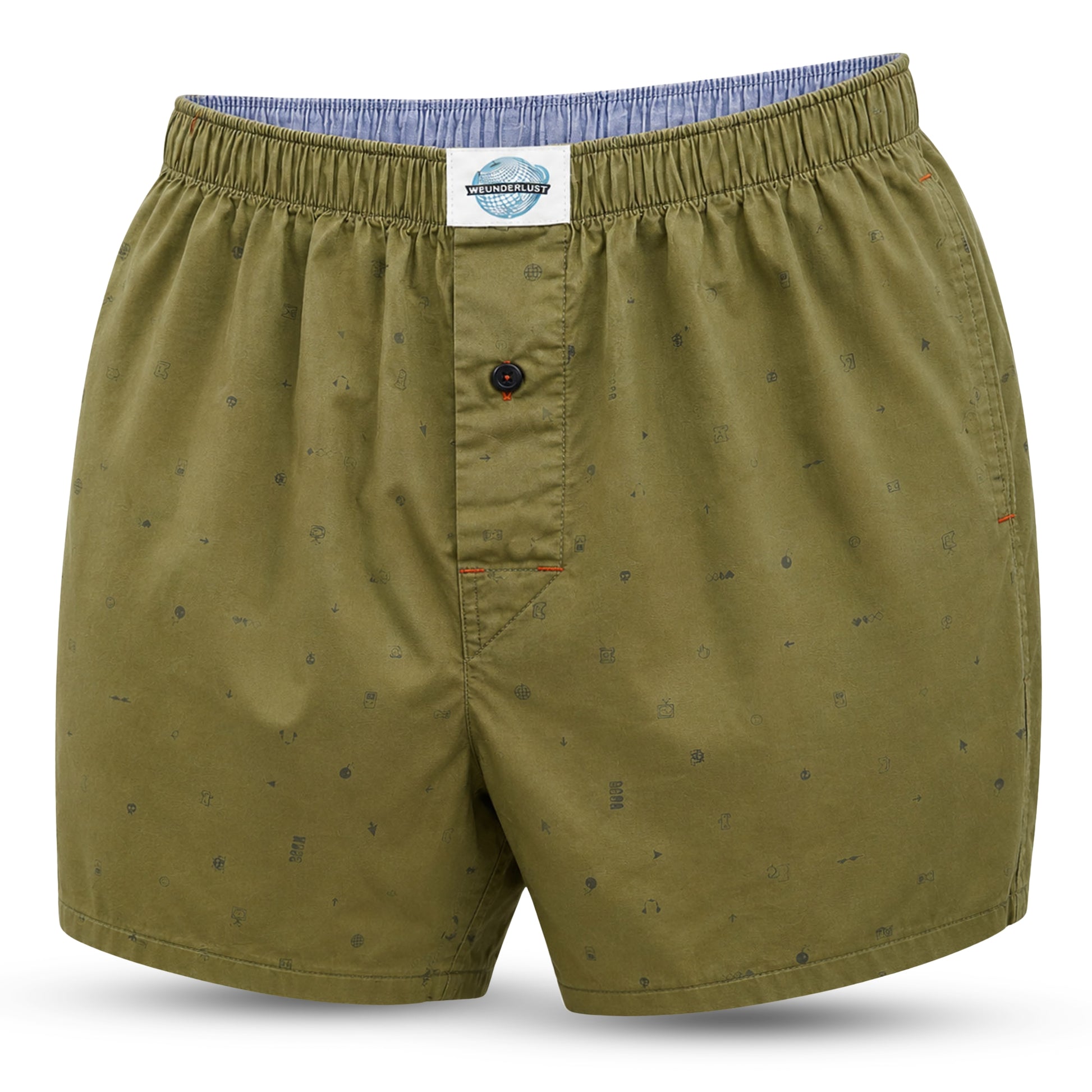 A pair of olive green boxer short with a subtle speckled pattern, featuring an elastic waistband, a button closure, and a white brand label at the center front.