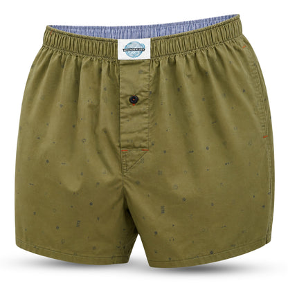 A pair of olive green boxer short with a subtle speckled pattern, featuring an elastic waistband, a button closure, and a white brand label at the center front.