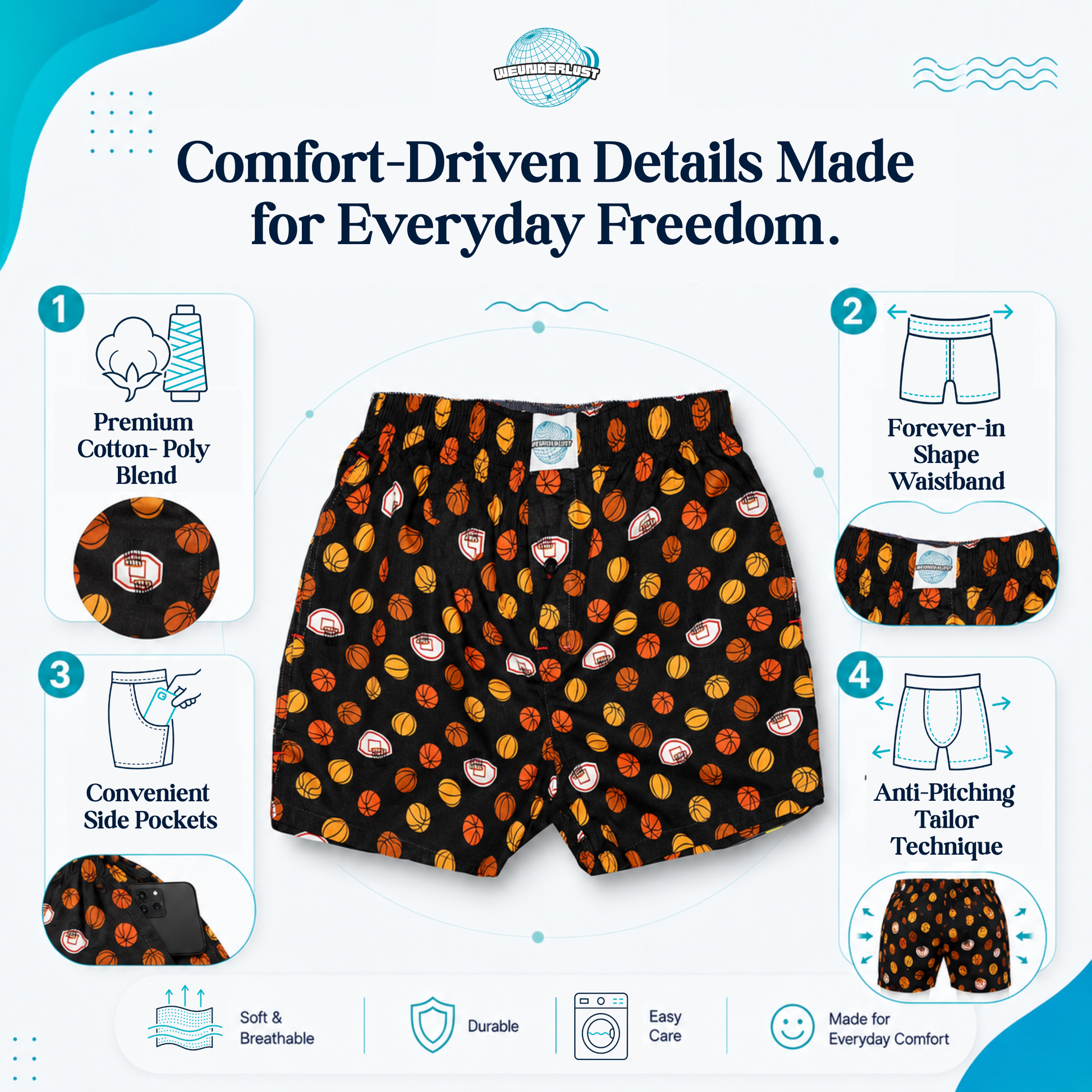 Weunderlust's A product infographic for men's boxer short featuring a black base with a colorful pattern of  basketballs. The central product is shown, surrounded by four numbered callouts detailing its features: premium cotton-poly blend fabric, a shape-waistband, side pockets, and anti-pitching tailoring.