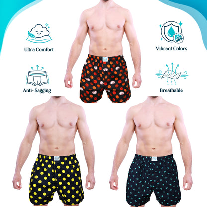 Weunderlust's Three men's boxer shorts with feature icons reading Ultra Comfort, Vibrant Colors, Anti-Sagging, and Breathable. The top pair is basketball print; the lower left pair is Smiles icon; the lower right pair is Peace Icons